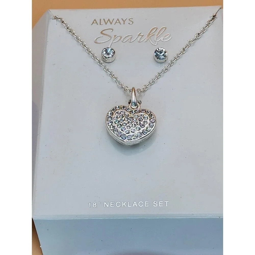New ALWAYS SPARKLE Signed Heart CZ Silver Tone Necklace & Earrings Set FREE $HIP